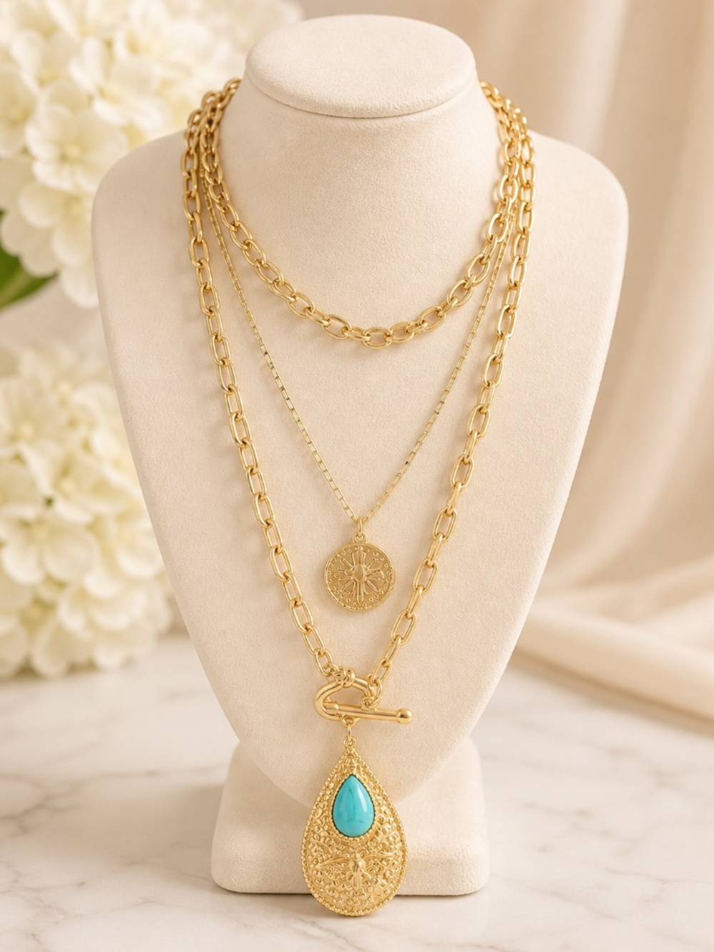 Boho triple necklace with torquoise pendant and medallion